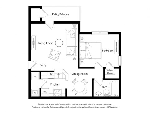 Floor plan for 1 bed, 1 bath, 771 sqft